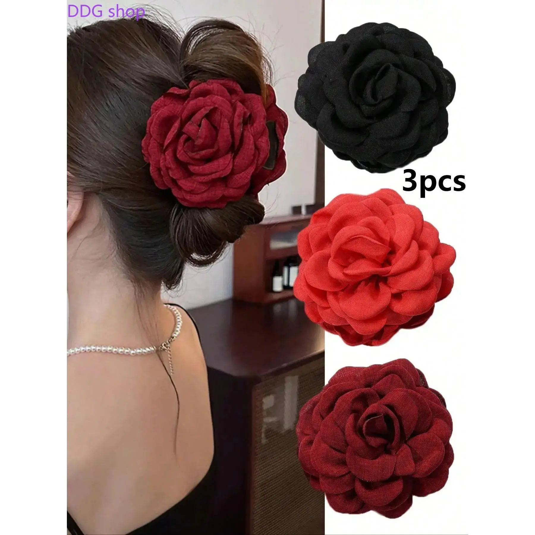 Women's Sports Hair Accessory - 3Pcs Large Multi-Layer Fabric Rose Flower Clips, Vintage Oversized Floral Banana Barrette, Soft Cloth Bloom Claw Clip for Updo Hairstyle, Wedding Party