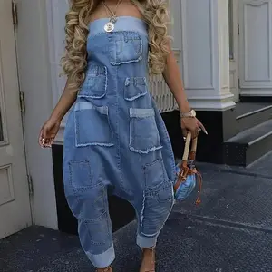 Fall?fashion?must?haves Strapless Loose Denim Jumpsuit | Multi-Pocket Distressed Summer Casual Fashion??gift?? Womenswear Chunky(Sheets)