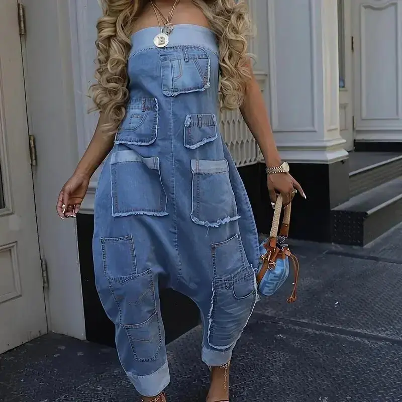 Women's Strapless Sleeveless Chic Jeans Jumpsuit, Fall Must-Haves Loose Denim Style with Multi-Pockets, Distressed Casual Gift for Women's Clothing Sets, Chic Jumpsuits, Jumpsuits With Pockets