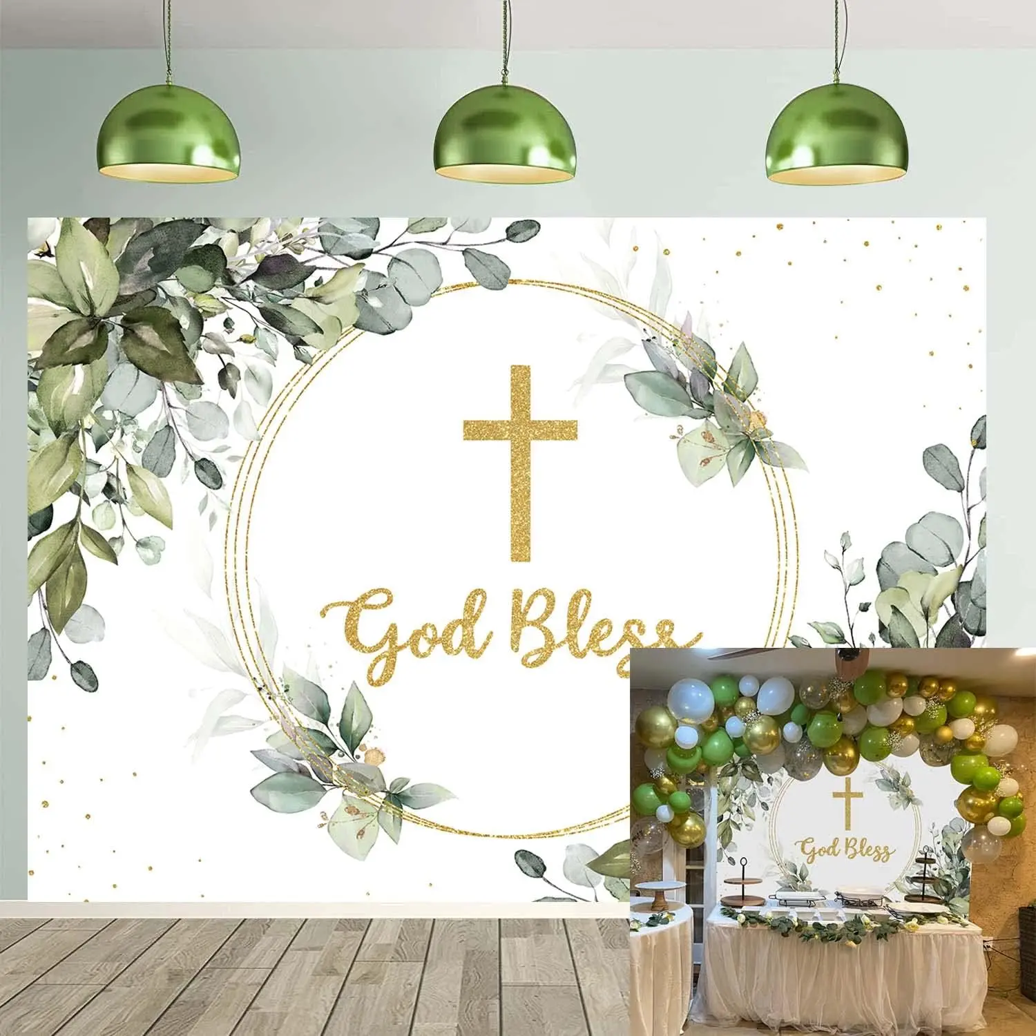 7x5ft (210x150cm) Greenery God Bless Photo Backdrop, Eucalyptus Leaf Print Camera Background, Light Banners for First Holy Communion Baptism Party Decor, Modern