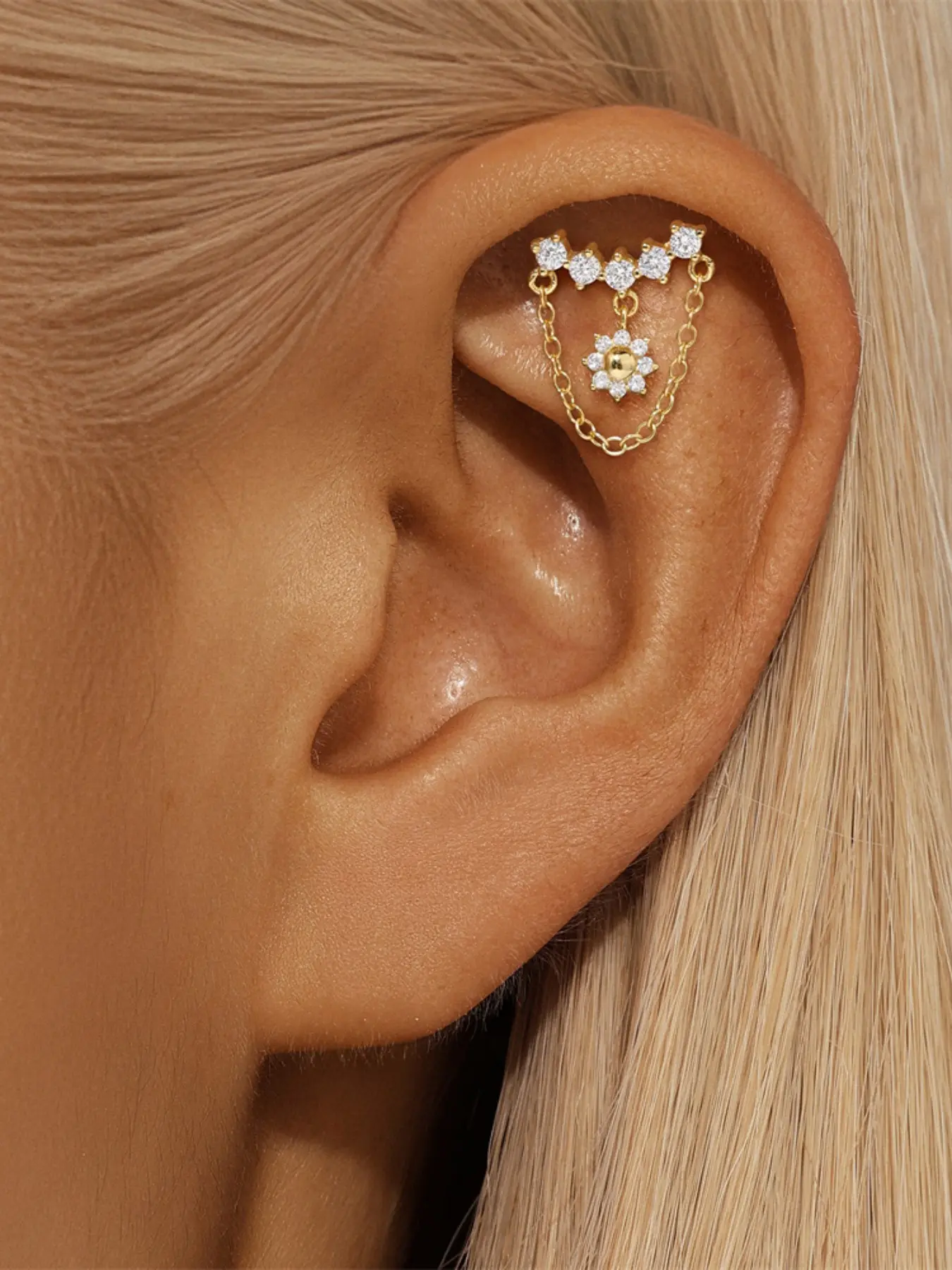 1PC 925 Sterling Silver Classic Sunflower Cubic Zirconia Tassel Flat Back Stud Earrings Hypoallergenic Cartilage Helix Tragus Lobe Piercing Jewelry Suitable For Women For Daily, Dates, Vacation, Wedding, Party, Holiday Gift