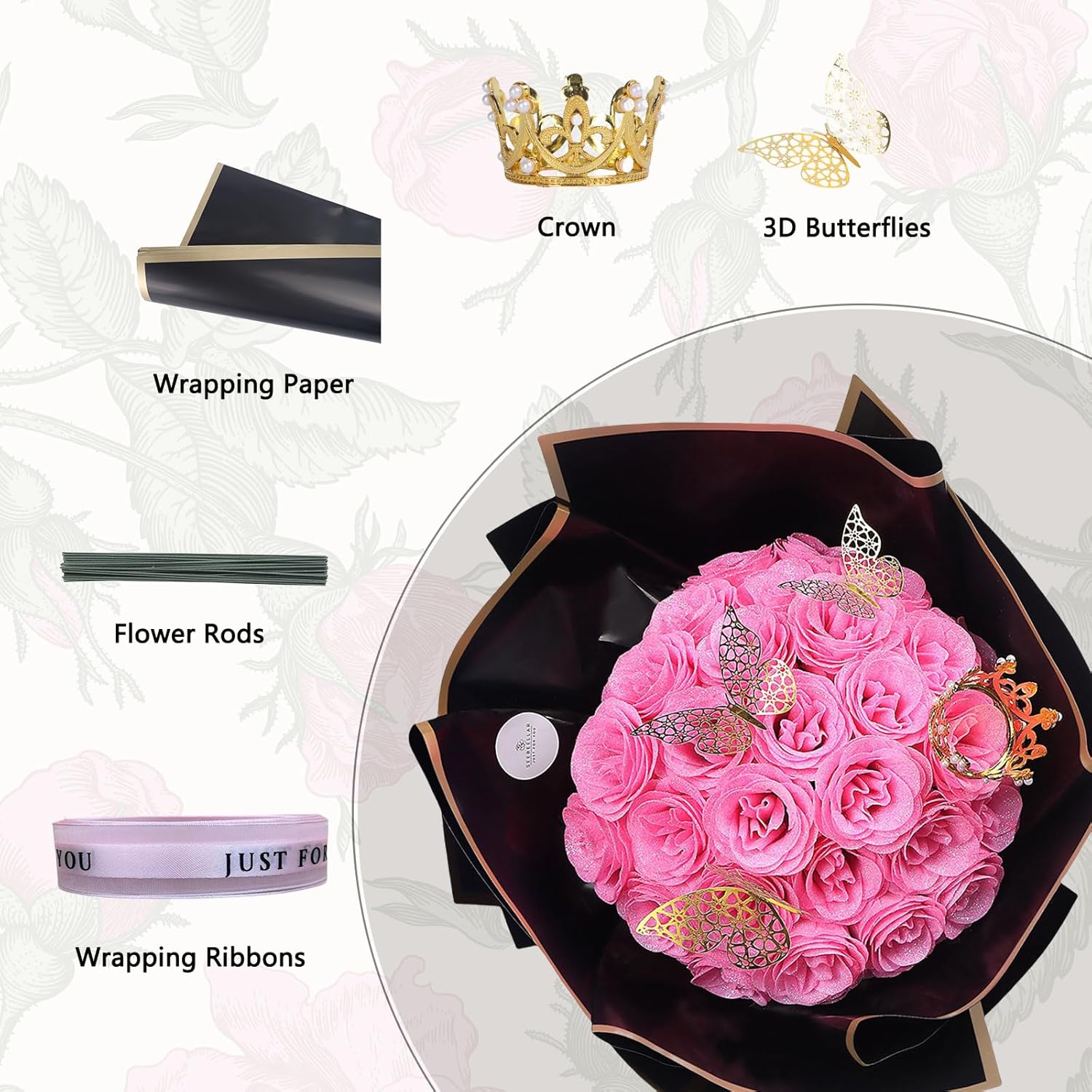 LOVE HOME 25 Pcs DIY Glitter Artificial Roses Bouquet - Shiny Fake Flowers for Home Decor, Ornaments, Room Decor, Mother's Day Gift, Weddings