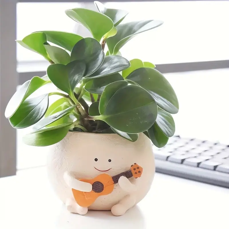 Creative Resin Flower Pot with Smiling Guitar Player, Cute Cartoon Planter for Indoor Decor, Perfect for Succulents and Pothos