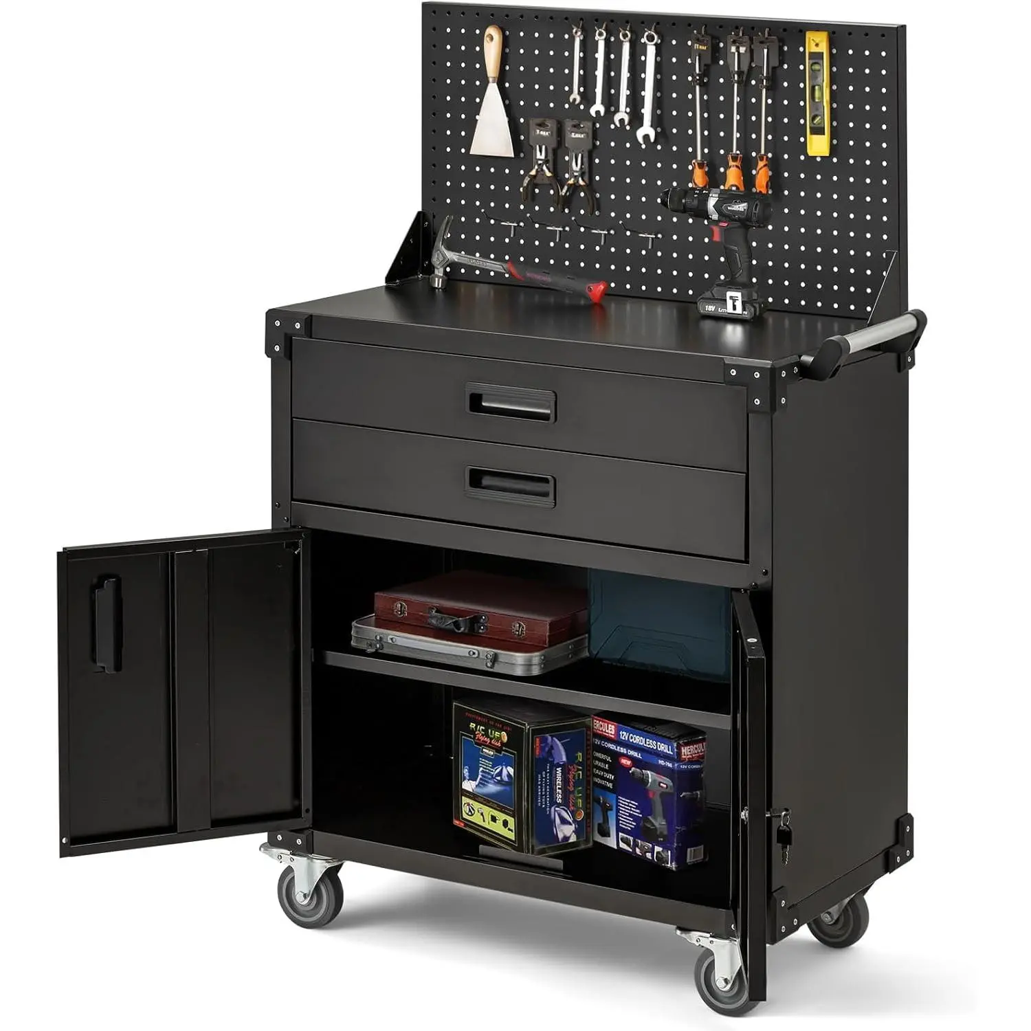 Heavy Duty Mobile Tool Chest with Pegboard, Rolling Steel Cabinet. 2 Drawers, Adjustable Shelves, Lockable Wheels. For Garage, Workshop, Mechanic. Rust-Proof, Industrial Grade Storage Organizer. Black Finish