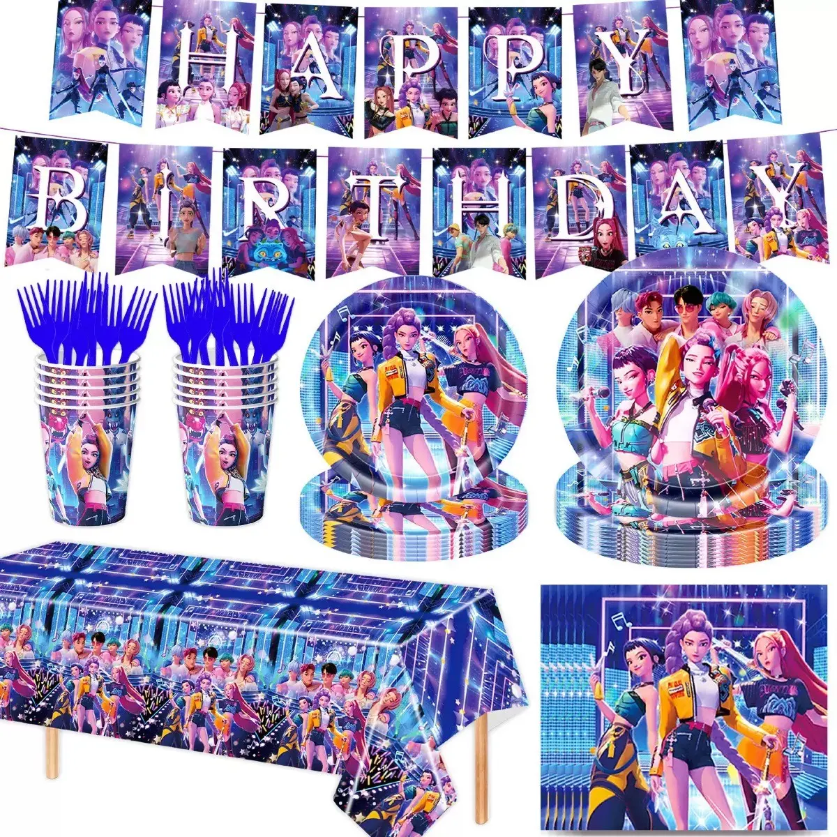 A children's birthday party decoration set, Party tableware set, inspired by anime Devil Hunting Girls, Including cartoon character tablecloths, plates, cups, forks, napkins, party decoration gift packs, birthday gifts