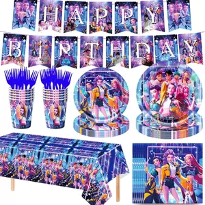 A children's birthday party decoration set, Party tableware set, inspired by anime Devil Hunting Girls, Including cartoon character tablecloths, plates, cups, forks, napkins, party decoration gift packs, birthday gifts