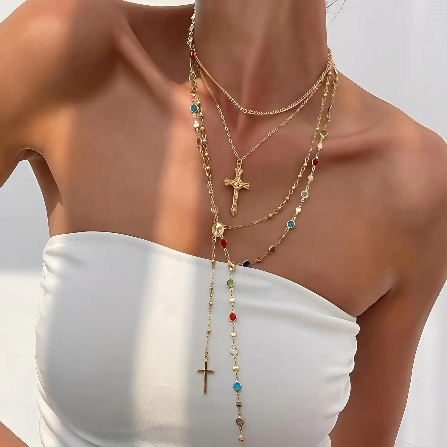 4 Piece Set Vintage Metal Jesus Cross Y-Style Long Necklace, Chain Necklaces, Necklace Stack, Bohemian Style Boho Chic Colorful Crystal Glitter Religious Cross Design Pendant Jewelry, Perfect Fashion Gift for Women