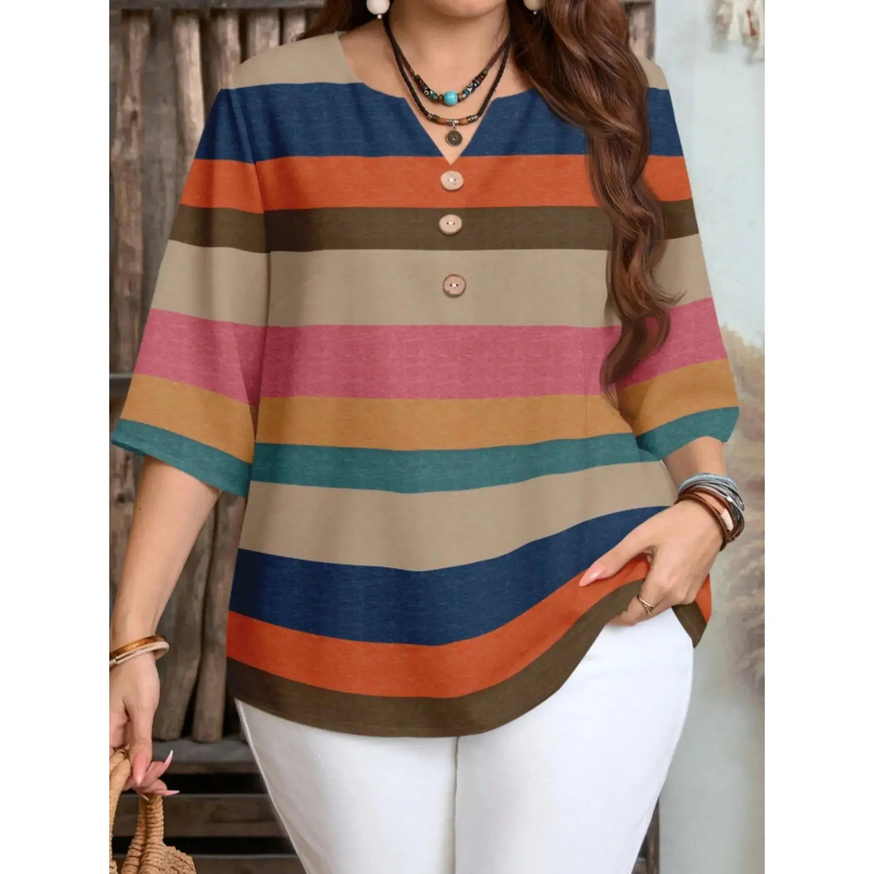Boho Style Woven Bohemian Women Casual Loose Oversized Shirt Blouse Top Three Quarter Sleeve Vintage Striped Elegant Romantic Chic Spring Summer Beach Tropical Vacation Lightweight Breathable Flowy Trendy Streetwear Resort Holiday Party Date Work Office