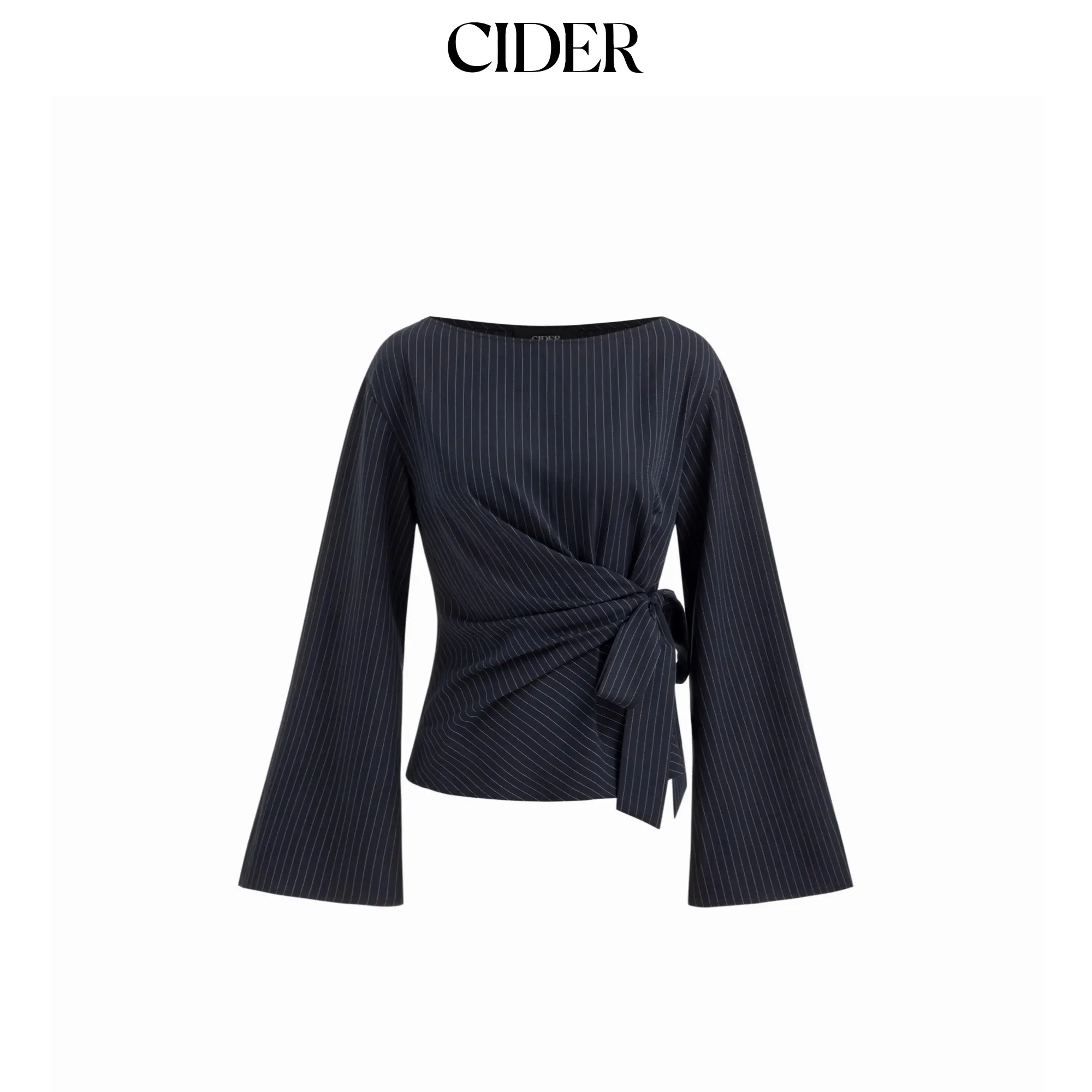 Cider Boat Neck Stripe Knotted Bell Sleeve Blouse