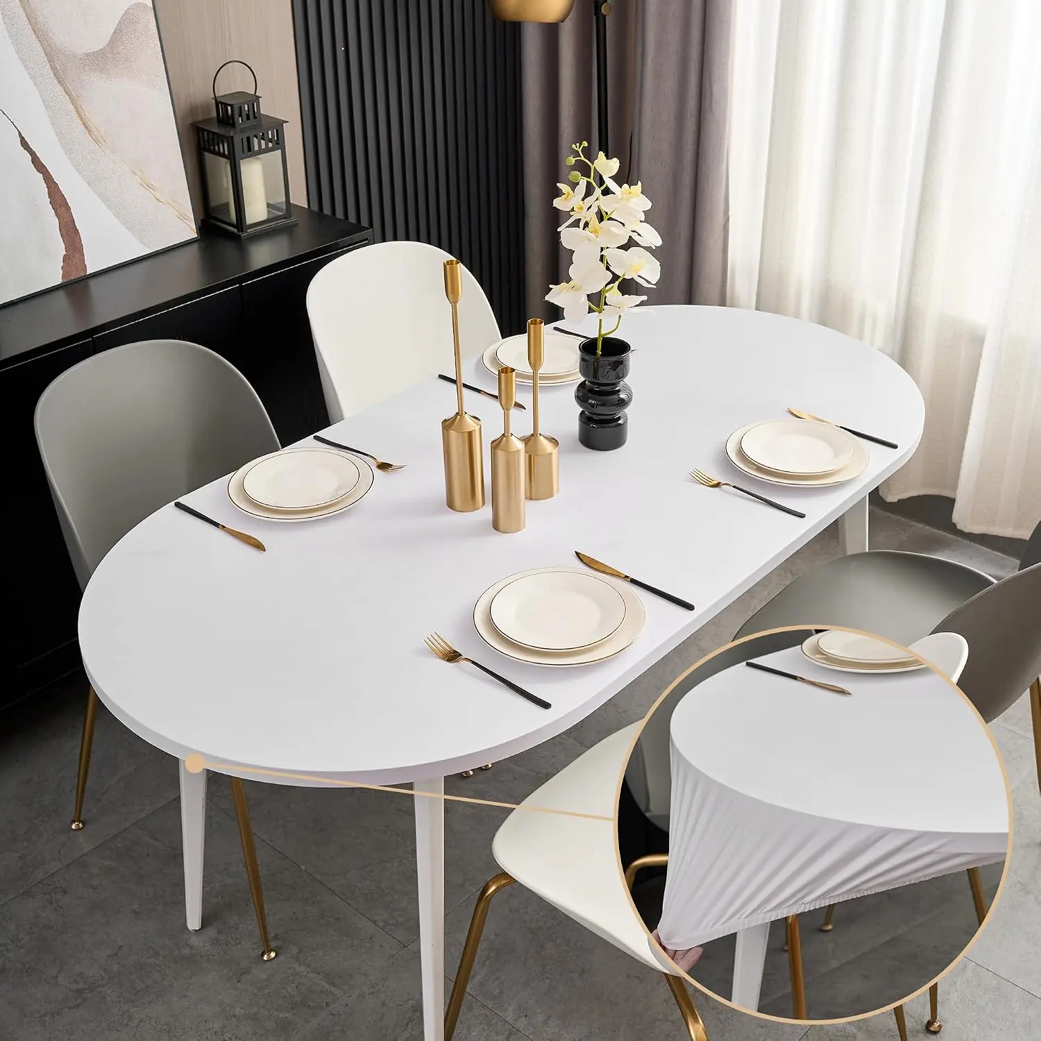 White Fitted Oval Tablecloth with Elastic 48x72 Inch Outdoor Table Cover Spandex Stretchy Solid Color Fabric Dining Table Cloth for Party Wrinkle Free Non Slip