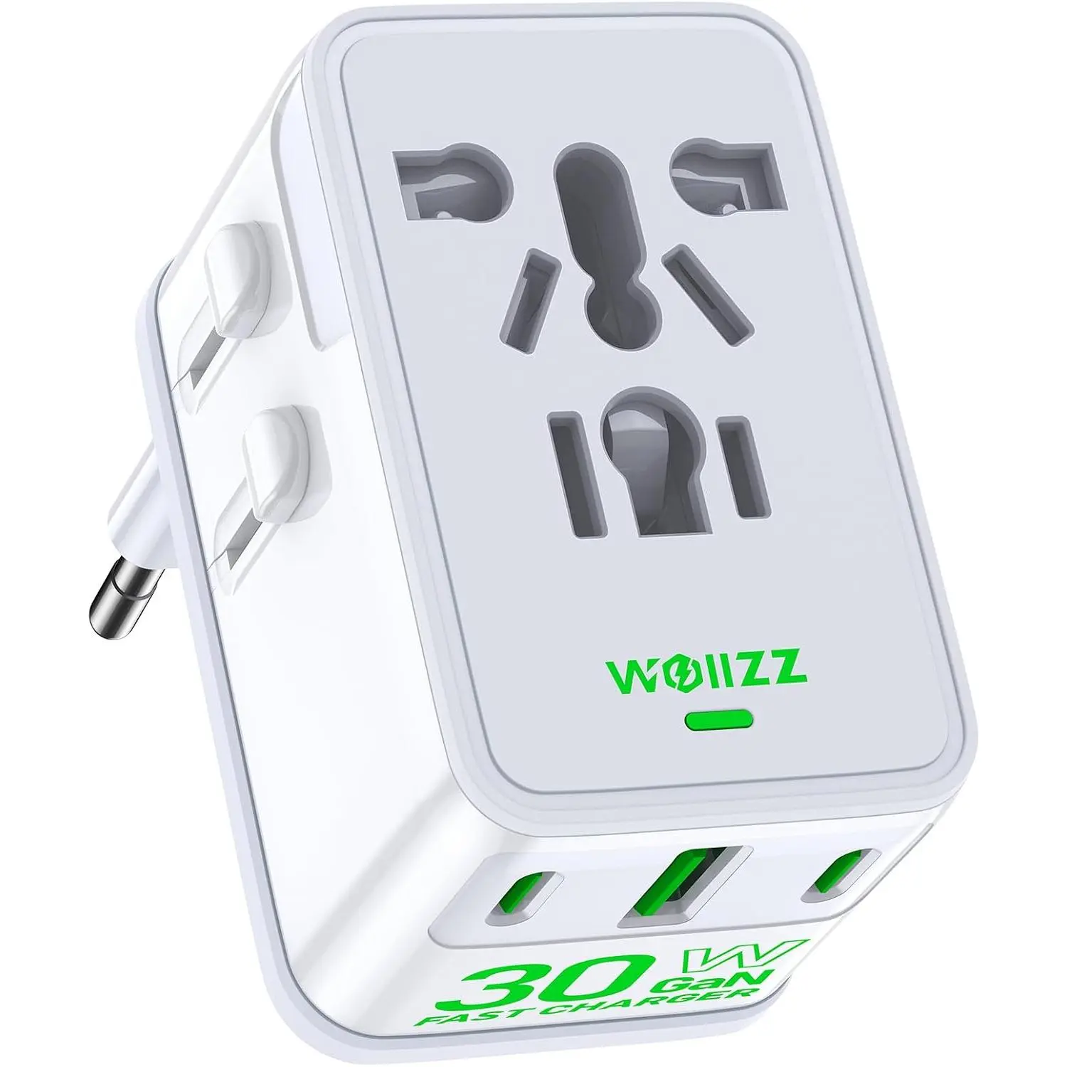 Travel Adapter, 30W GaN   European Plug Adapter Worldwide  Charger with 4 Ports 1 AC, 1 USB-A, and 2 USB-C Ports Plug Adapter for  European UK AUS , White