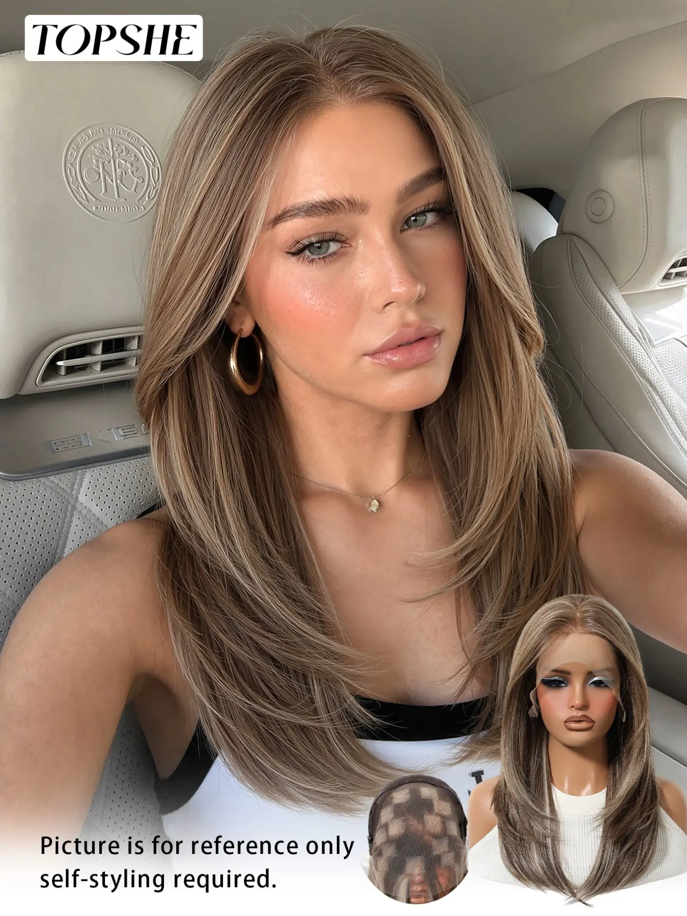 Topshe Best Seller Premium 13×6 Wide Lace Front Medium Layer Wig With Face Framing Ends, Warm Chestnut Brown Ice Ash Balayage, Pre Bleached Invisible Hairline, Heat Stylable Silky Futura Fiber, Comfort Glueless Wig For Hair Thinning & Hair Loss Ladies