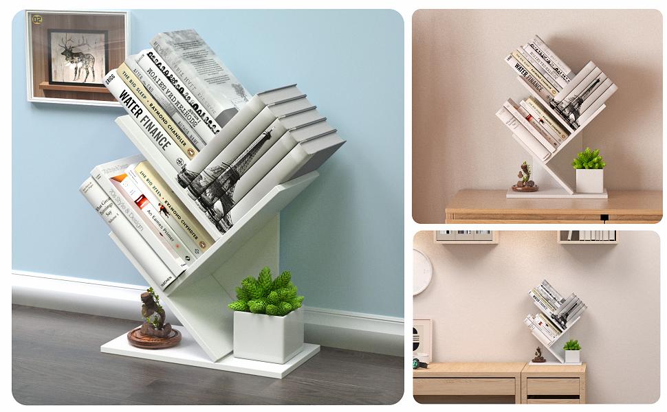 3 Tier Small Tree Bookshelf Storage Organizer Shelves Floor Standing Bookcase Desk Wood Storage Rack for Home Office Living Room Bedroom Display for Book Magazine CD manga Warm White