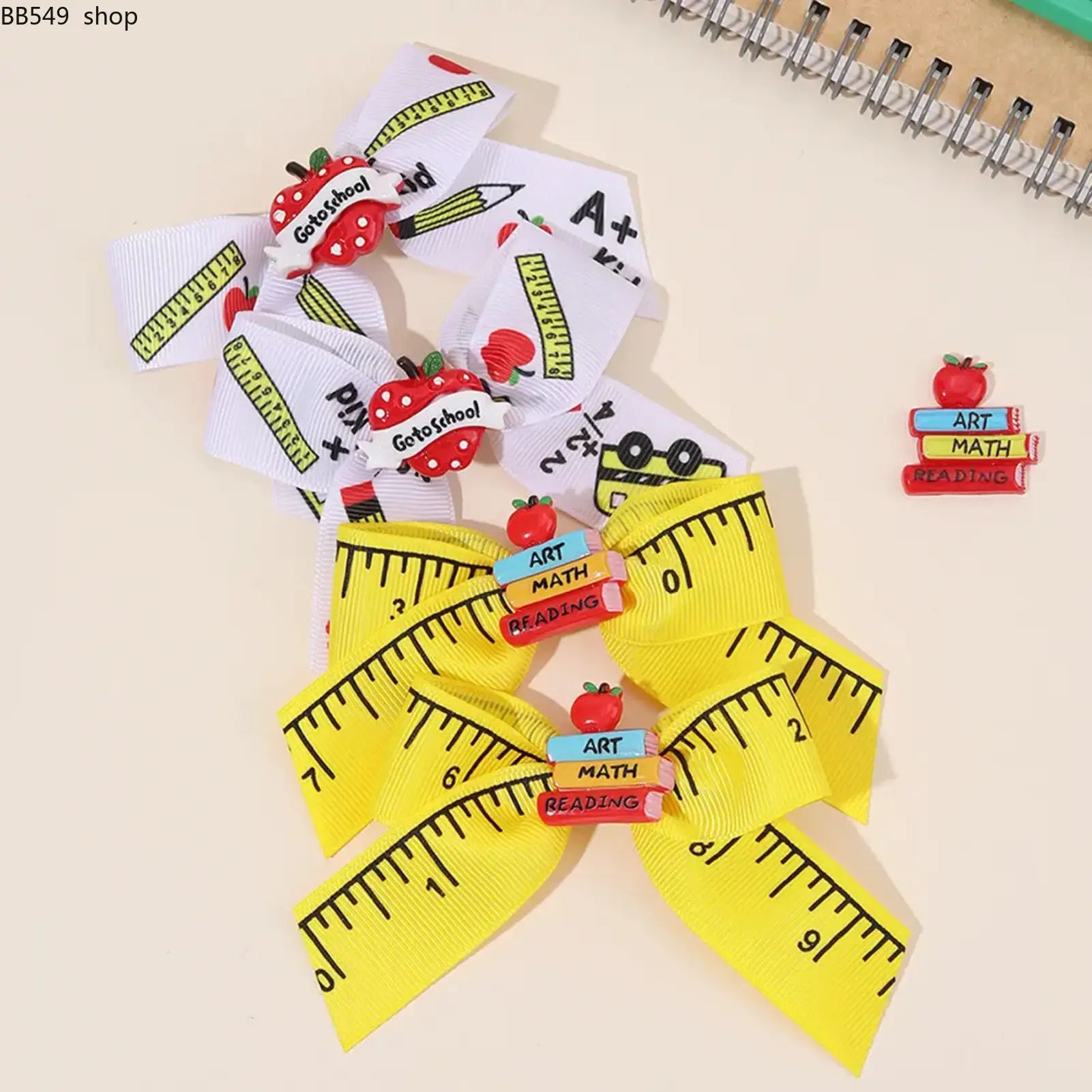 Girls’ Back-to-School Bow Hair Clips – School Theme Ribbon Bow Barrettes with Decorative Charms, Non-Slip Hair Accessories for Classroom Outfits & Teacher Gifts