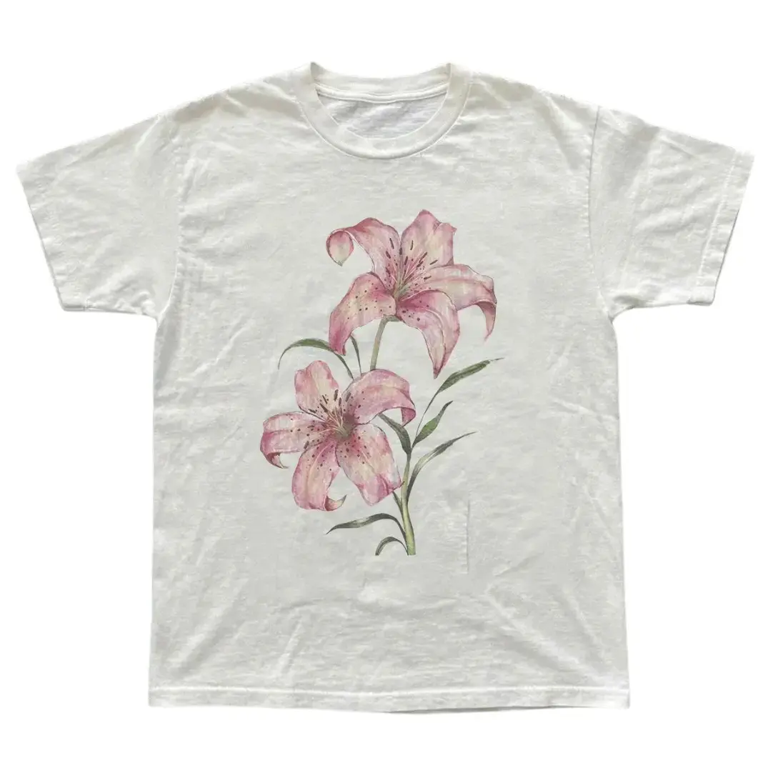 Pink Lily Floral Tree Graphic Cotton Tee, Vintage Gothic Grunge Y2K Emo Unisex T-Shirt, Casual Streetwear Gift for Men and Women summer short