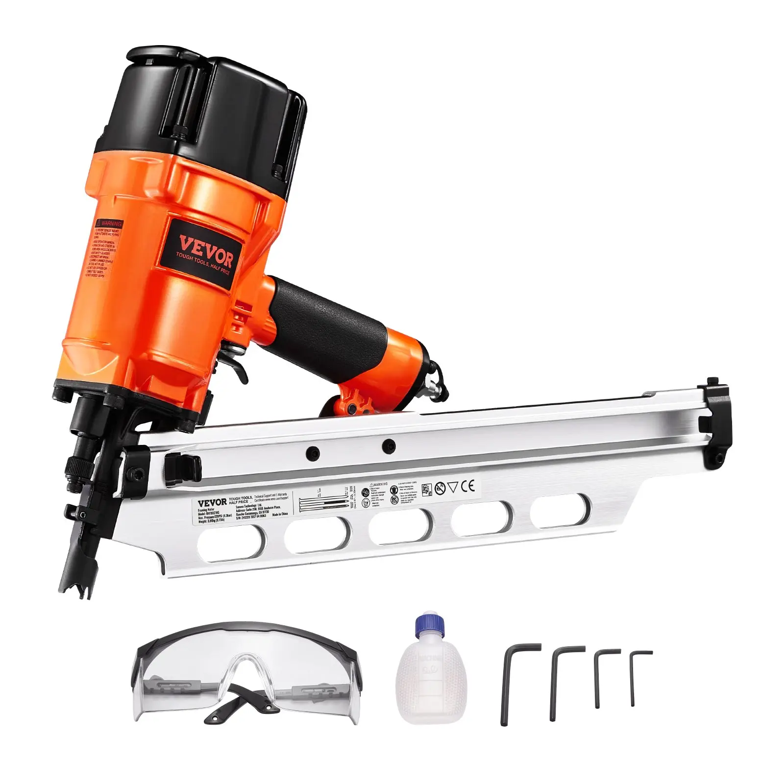 VEVOR Framing Nailer, 2" to 3-1/2" 21 Degree Full Round Head Pneumatic Framing Nailer with Dual Trigger Modes Tool-Less Depth Adjustment, 80-120PSI Pro Air Nail Gun for Framing Flooring Decking