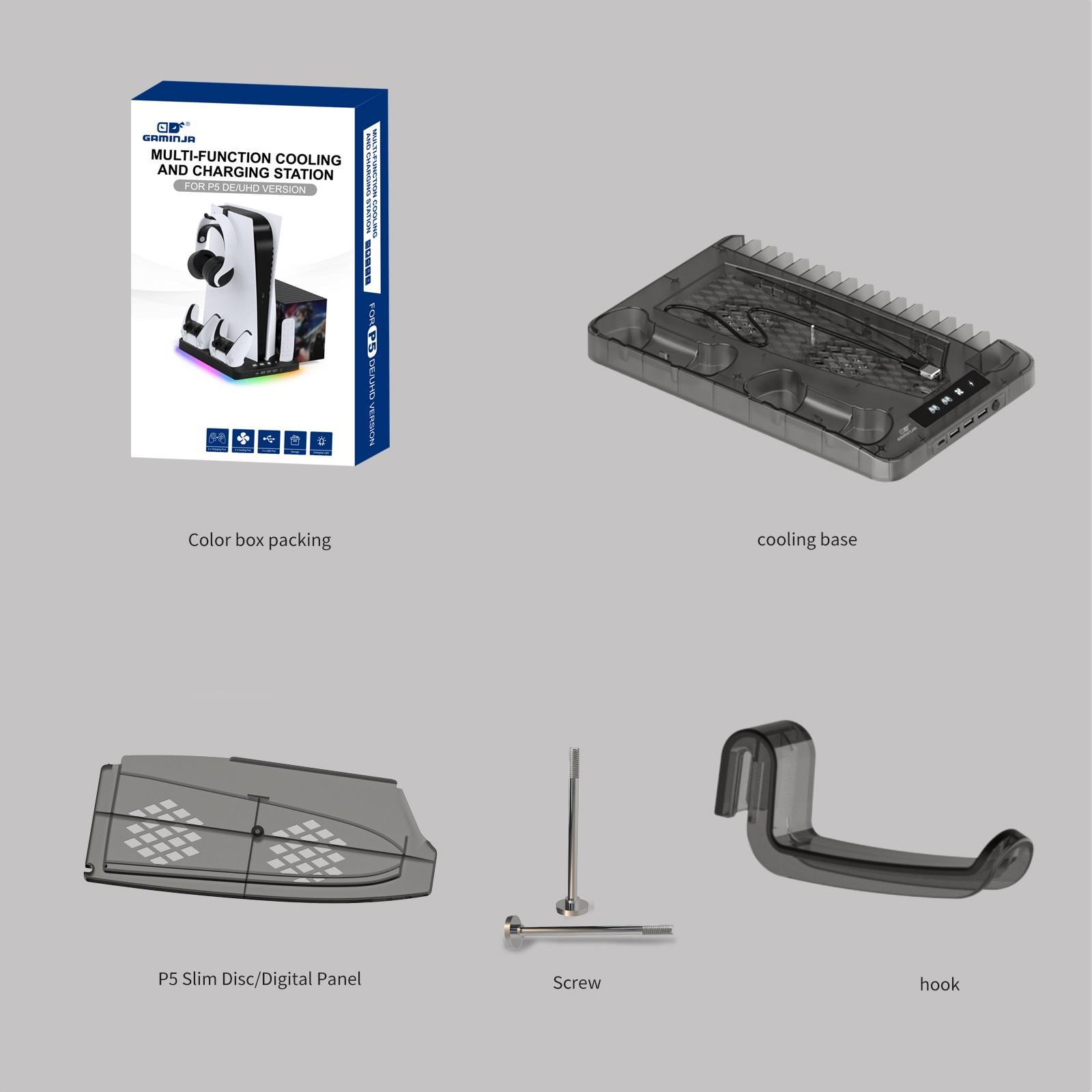 GAMINJA Charging Base for PS5 Accessories, Vertical Cooling Stand, Charging Base with Hook for PS5 Controller, Console Accessories for PS5/PS5 Slim Host, Gifts for Boyfriend