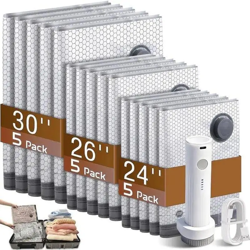 [2026 Upgraded] Classic X7 Cordless Compression Vacuum Storage Bags for Travel, 15-Pack Eco-Friendly Waterproof Resealing Organisers (3 Sizes) with Rechargeable Pump - 140L/Min Powerful Suction, 80% Space Saving, Carry-On Suitcase Essential, Compression B