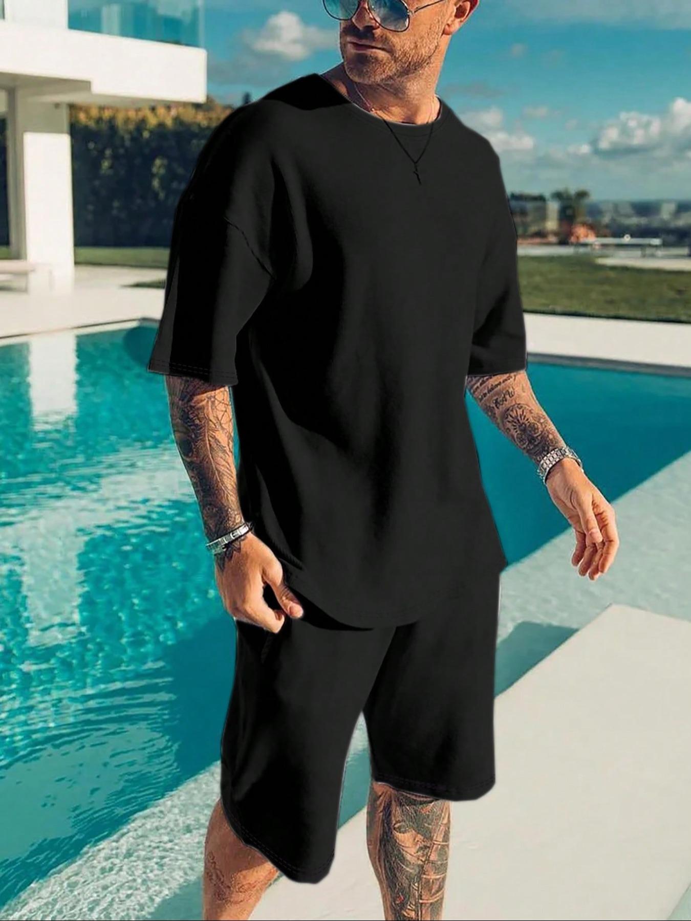 Two-Piece Set Men's Solid Short Sleeve Tee & Drawstring Waist Shorts Set, Regular Fit Casual Round Neck T-shirt & Track Shorts, Men's Summer Clothes Matching Clothing Set