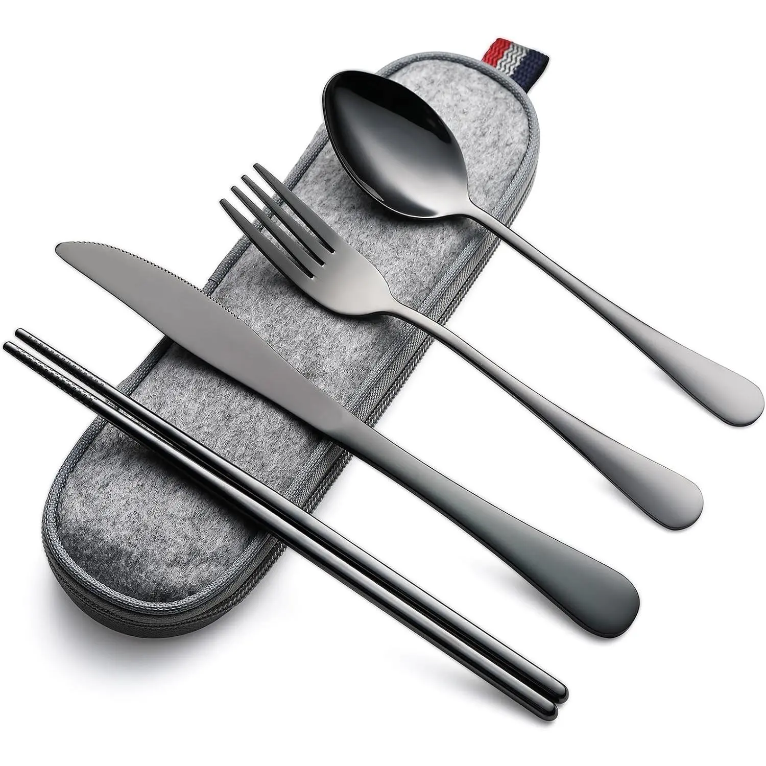 Travel Utensils with Case, 5 count Portable Silverware Set for Work | Stainless Steel  Travel Cutlery Set, Fork and Spoon Set for Camping, Picnic, Gadgets, Lunch Box for Men, Black