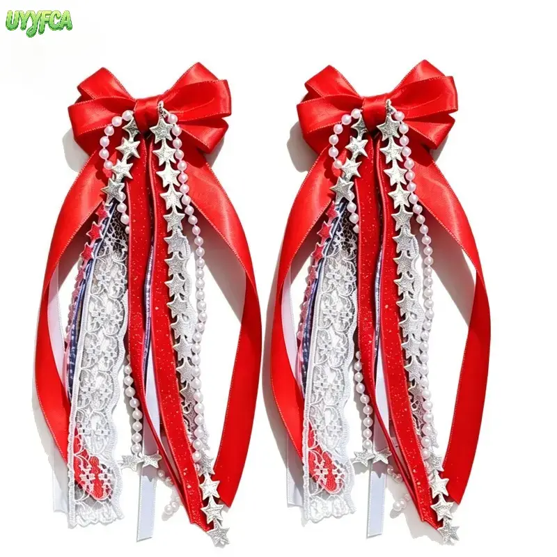 Patriotic Boot Charms, Red Pair of Layered Bows with Lace, Pearl & Star Tassels, Detachable Ribbon Clip-On Accessory for Western Boots & Bags, 4th of July Country Concerts, 2 Pcs, Enhances Patriotic Holiday Attire, Western Cowboy, Boot Decoration