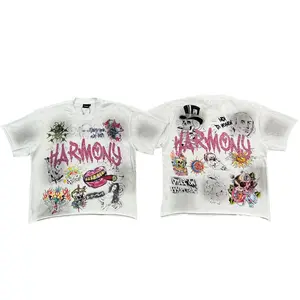 HVM HARMONY Oversized Vintage Graphic Tee Men Rhinestone Heavyweight Cotton T Shirt Retro Horror Skull UFO Liberty Statue Hip Hop Streetwear Short Sleeve Top 2026 Summer Trendy Casual Outfit For Holiday Skate Daily Wear