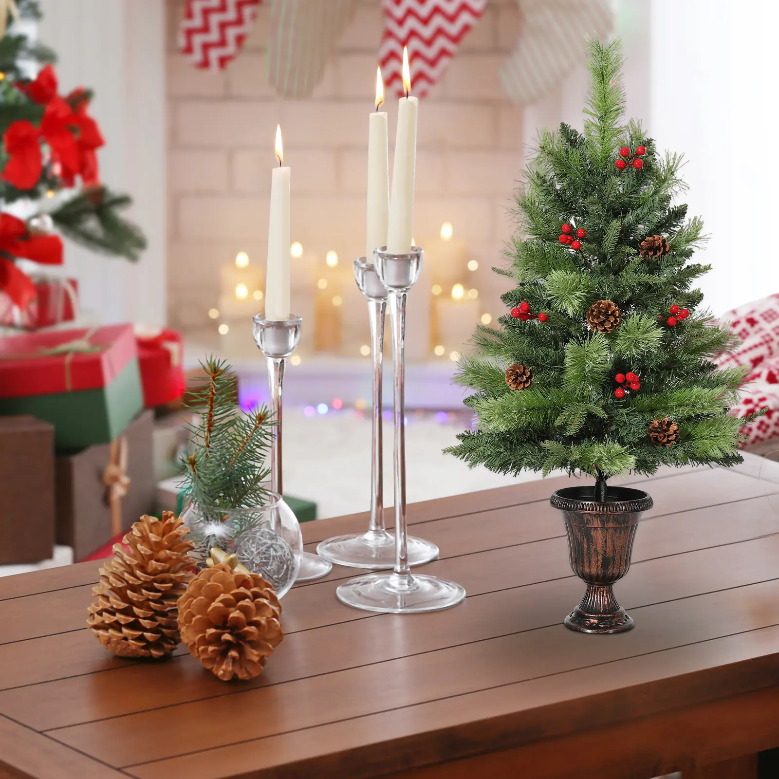 Garvee Pre-Lit Artificial Tabletop Christmas Tree - Mini Potted Pine with Warm White LED Lights, Pine Cones & Red Berries, Indoor/Outdoor Holiday Decor for Home & Office - 2-3 Ft 40/70 Lights