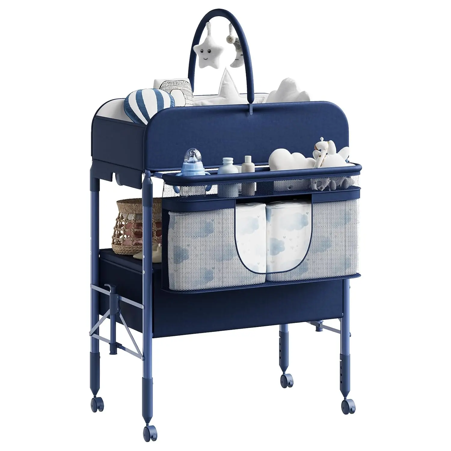 Adjustable Height Baby Changing Table with Wheels, Collapsible Diaper Station with 2 Drawers & Storage, Mobile Nursery Organizer with Waterproof Top for Newborns