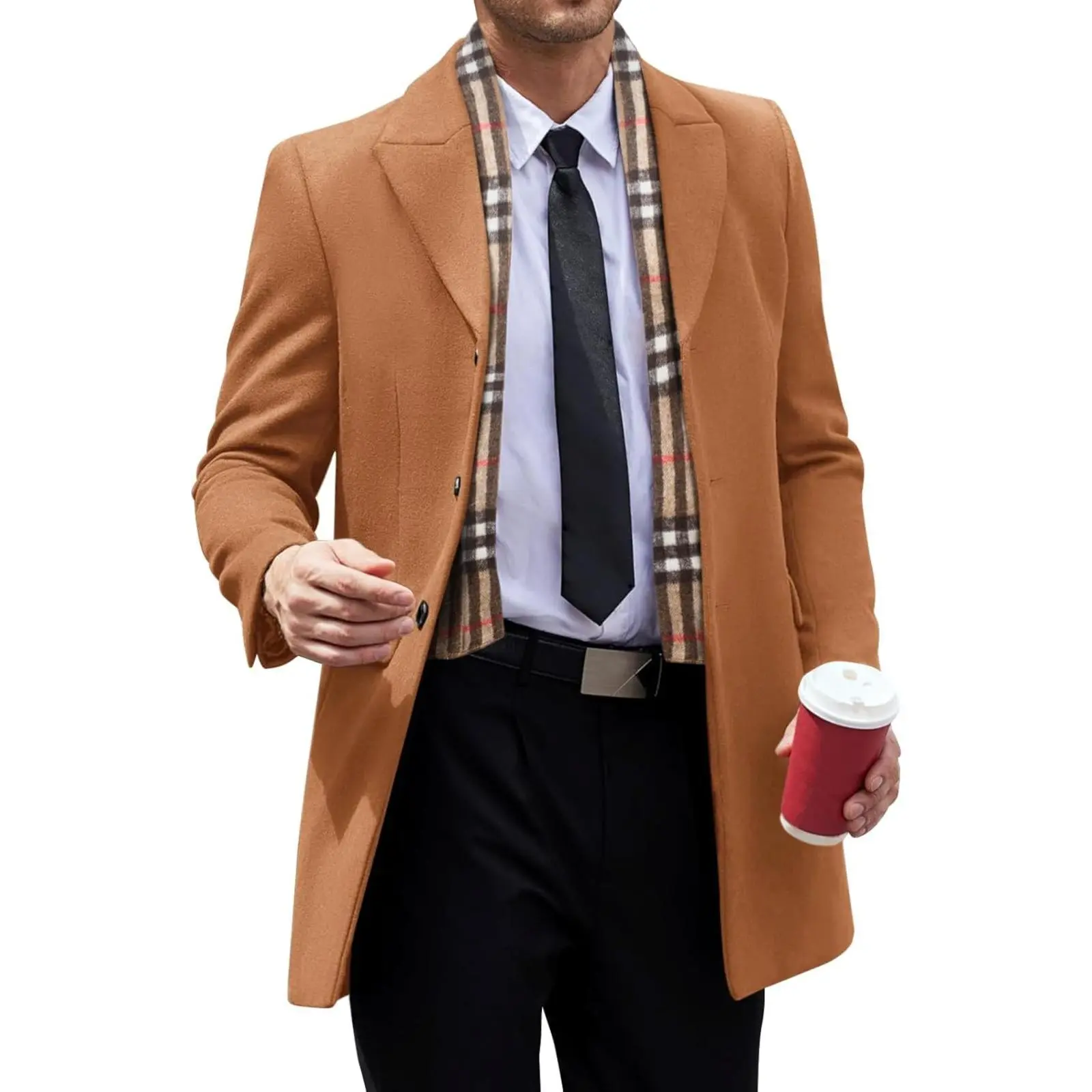 Aoysky Men's Pea Coat with Detachable Plaid Scarfs Fall Single Breasted Wool Blend Trench Coat Winter Overcoat