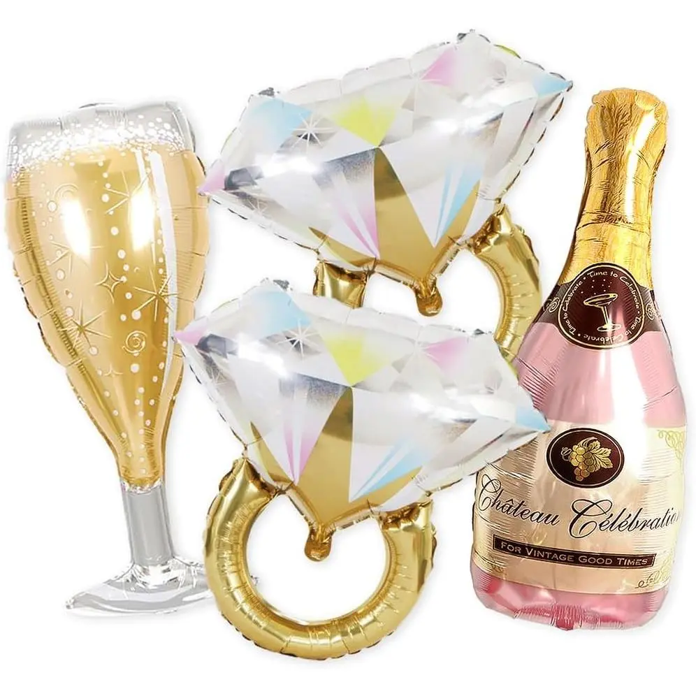 2 Gold Glitter Ring Bachelorette Party Balloons with 40 Inch Bottle Balloon and Glass Balloon, Hen Party Decorations for Bridal ShowerGift