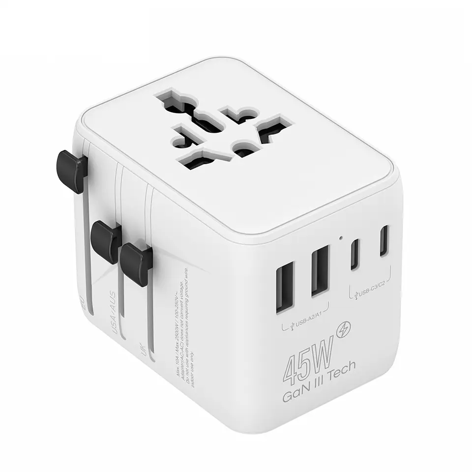 Universal Travel Adapter, International Travel Plug Adapter with 3 USB-C ＆ 2 USB-A Ports 45W Fast Charge, All in One Portable Socket, for USA, UK, EU, AU ＆ 224+ Countries (White)