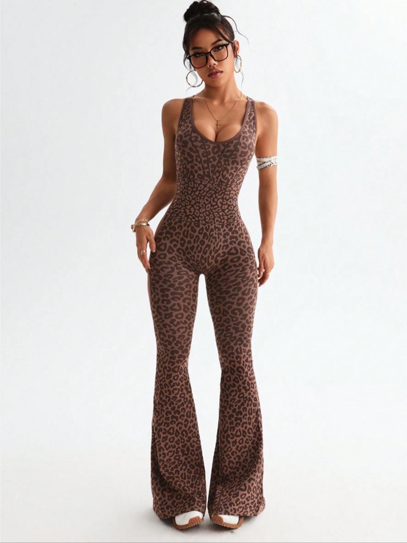 Women's Seamless Leopard Print Tank Jumpsuit, Back Cross Buckle High Waist Butt Lifting Jumpsuit, Ideal for Running Outdoor Yoga Workout, Sportswear woman summer outfit sporty boy short