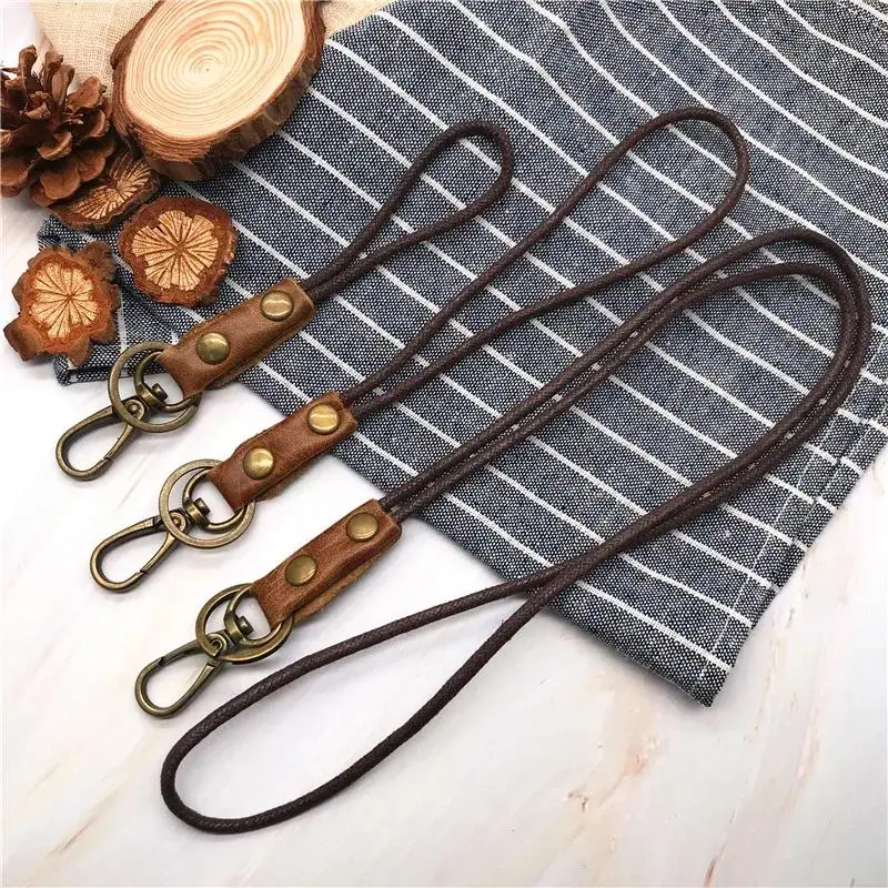 Cowhide Genuine Leather Lanyard Neck strap for mobile phone badge keys id credit work card holder wrist neck lanyard keychain, Smartphone, Cellphone, Accessories, Plain, 15Cm Lanyard, Badge Holder