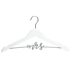 Mrs. Wedding Dress Hanger, Wooden Bridal Gown Hanger with Cursive Wire Lettering, Wedding Photo Prop and Bridal Keepsake, White and Silver