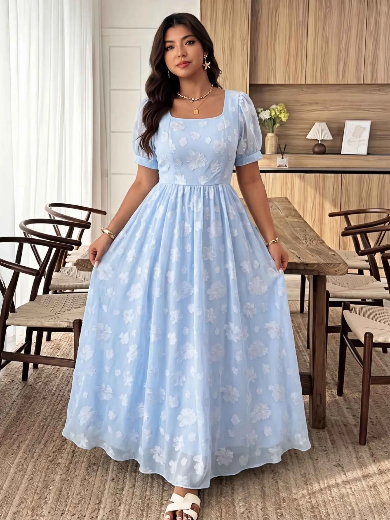 Plus Size Women's Short Sleeve Floral A-Line Long Dress, Boho Vacation Style, Elegant Fit, Perfect for Holidays, Parties, Daily Wear
