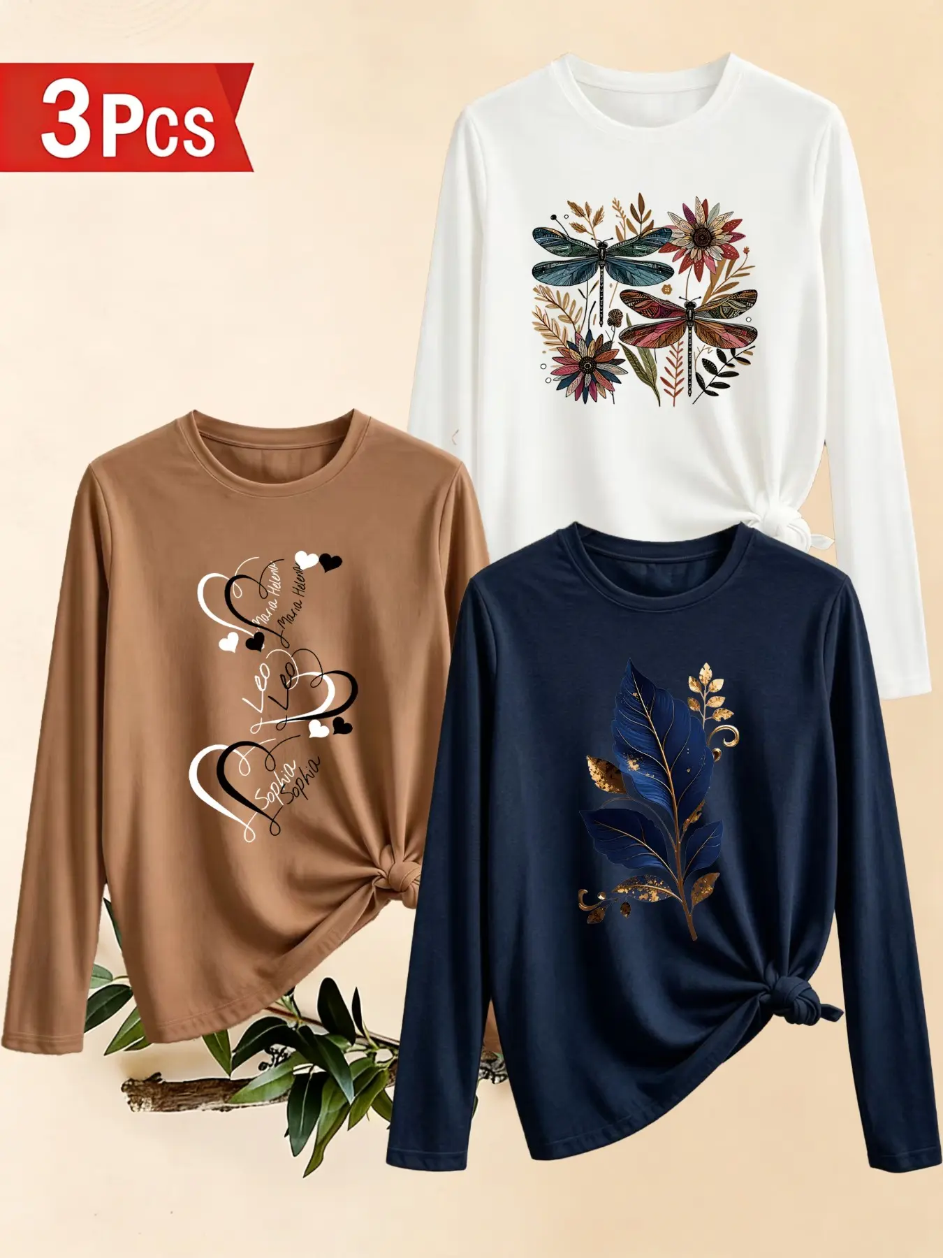Women's Long Sleeve Round Neck T-Shirt, Heart Dragonfly Flower Print, Casual Slim Fit, 3-Pack, Ideal for Daily Wear & Outdoor Activities