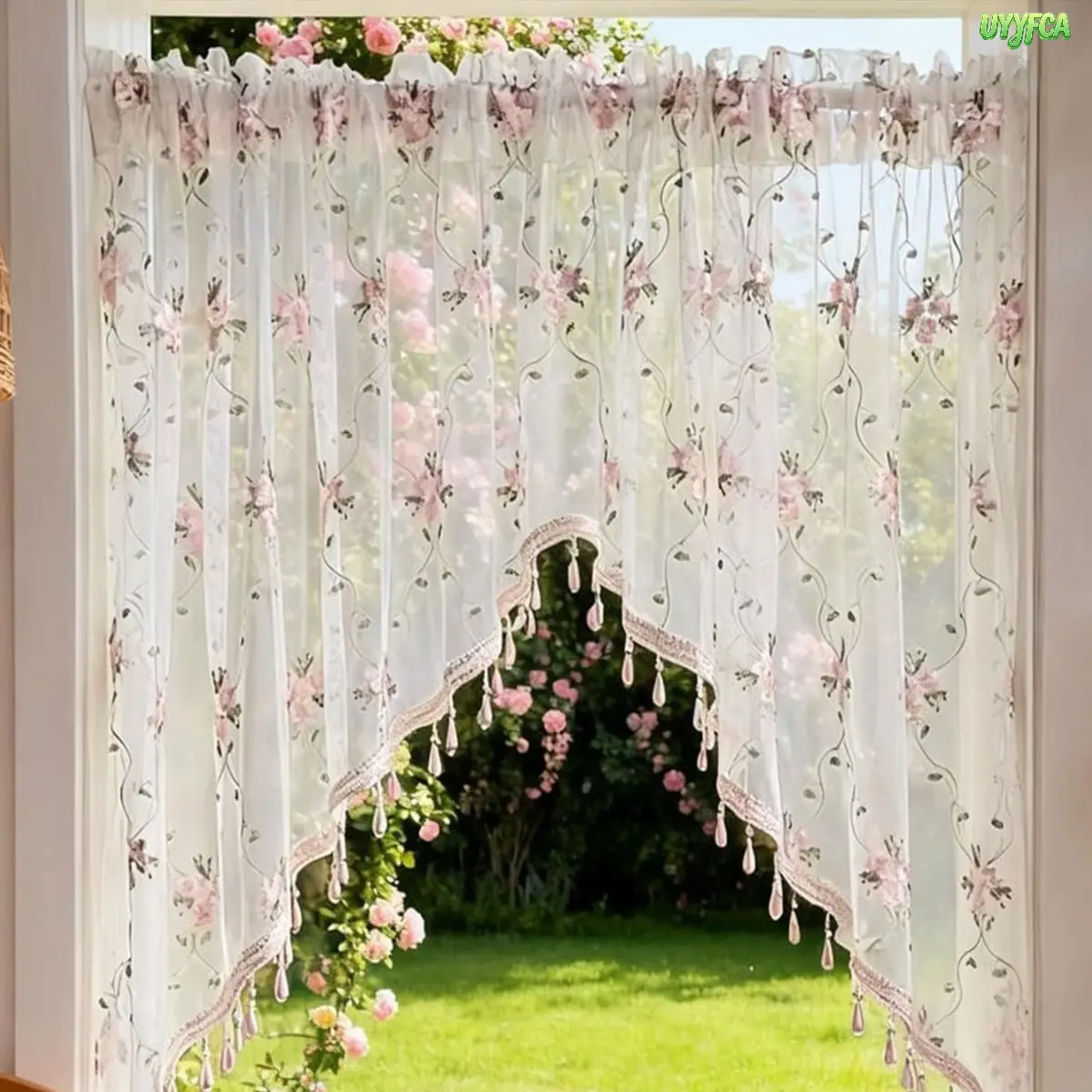 Sheer Voile Swag Valance Curtain, Cottagecore Vine Pattern Window Treatment with Scalloped Trim & Beaded Pearl Tassels, Nursery Room Decor, Curtains For Bedroom, Whimsical, Girl Room Decor, Aesthetic Room Decor tiktokshopbacktoschool