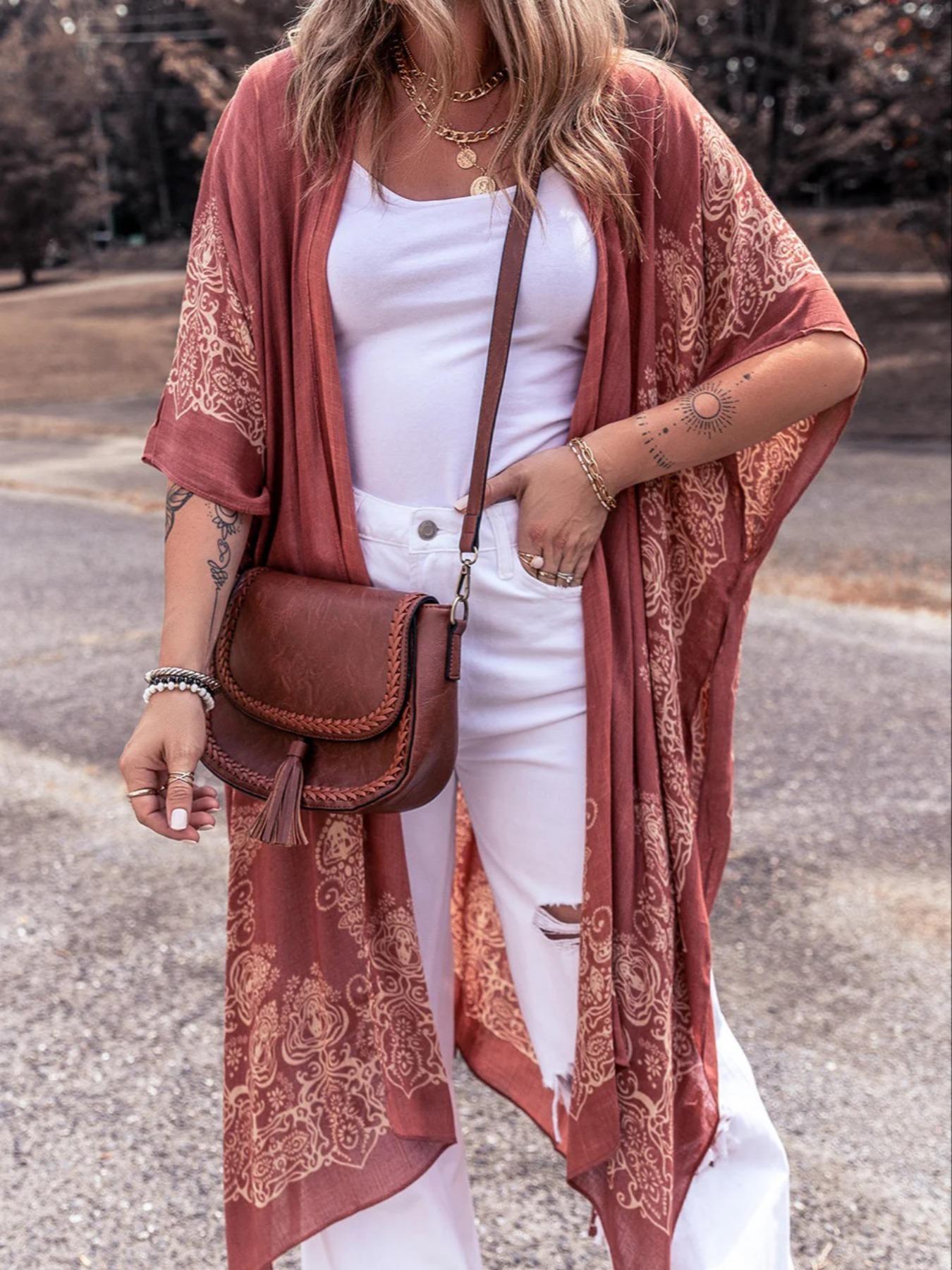 Women's Ethnic Pattern Kimono, Casual Open Front Cover Up for Beach Vacation, Ladies Clothes for Spring & Fall