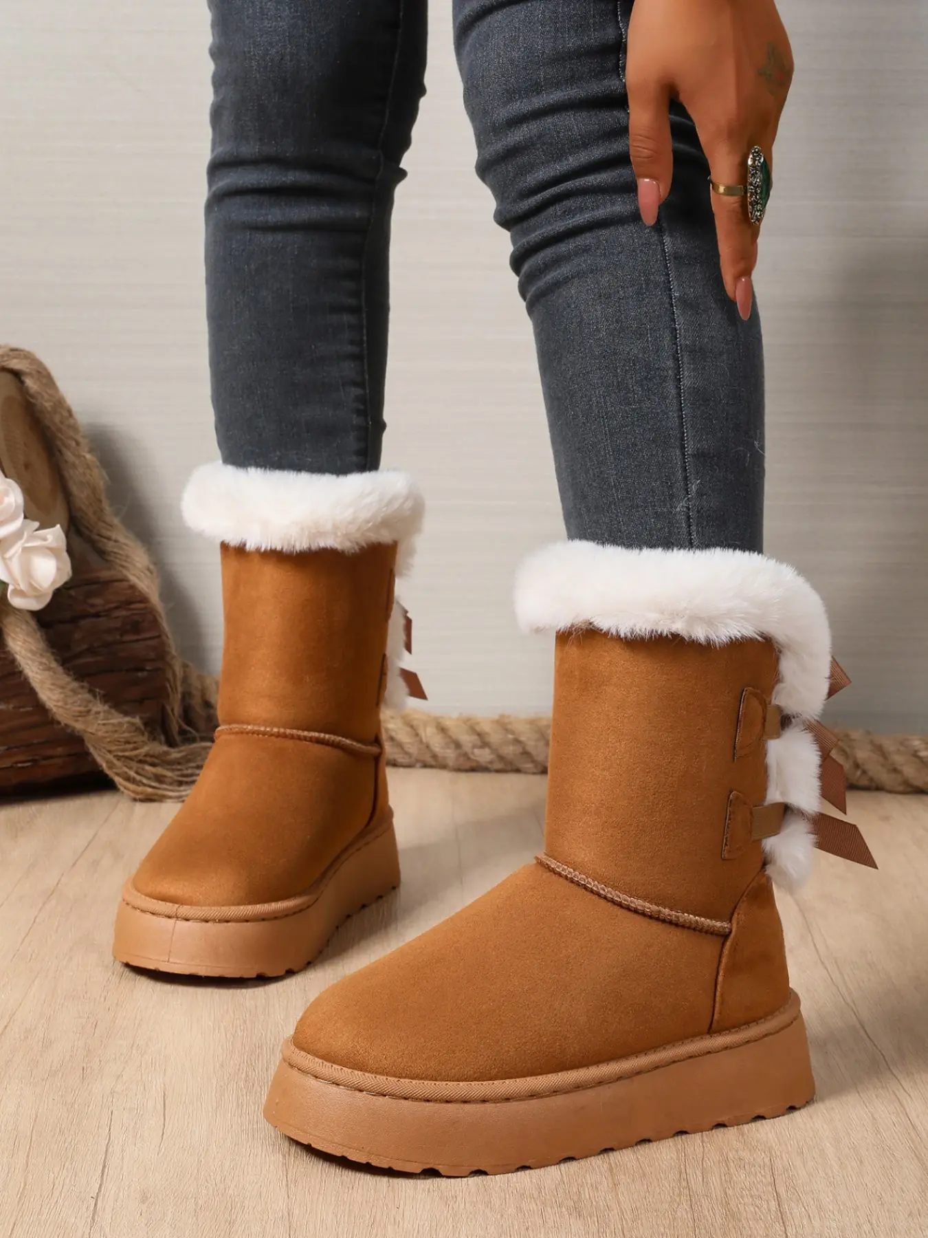 Trendy Thick Sole Warm Winter Boots for Ladies, Soft Suede Plush Fur Trim, Multi Ribbon Bow Design, Insulated Footwear for Snowy Days