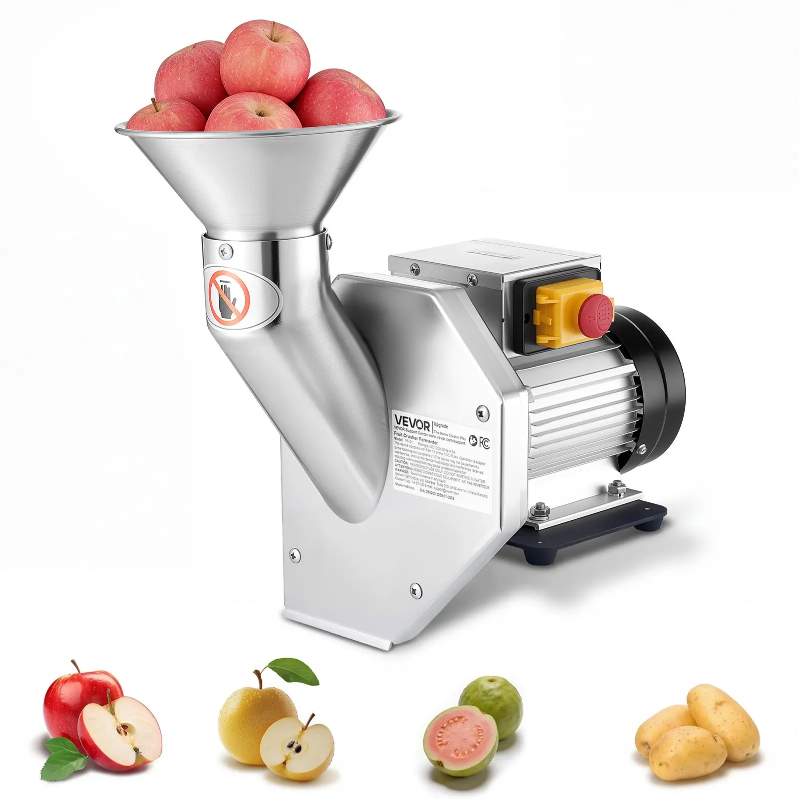 VEVOR 550W SUS304 Desktop Electric Fruit Crusher, 132.3 lbs/h Capacity, Grinds 2.76" Dia Whole Apples, Anti-Slip Feet, Detachable, 18.31x10.24x15.75 in Cider Press for Apples, Pears, Carrots