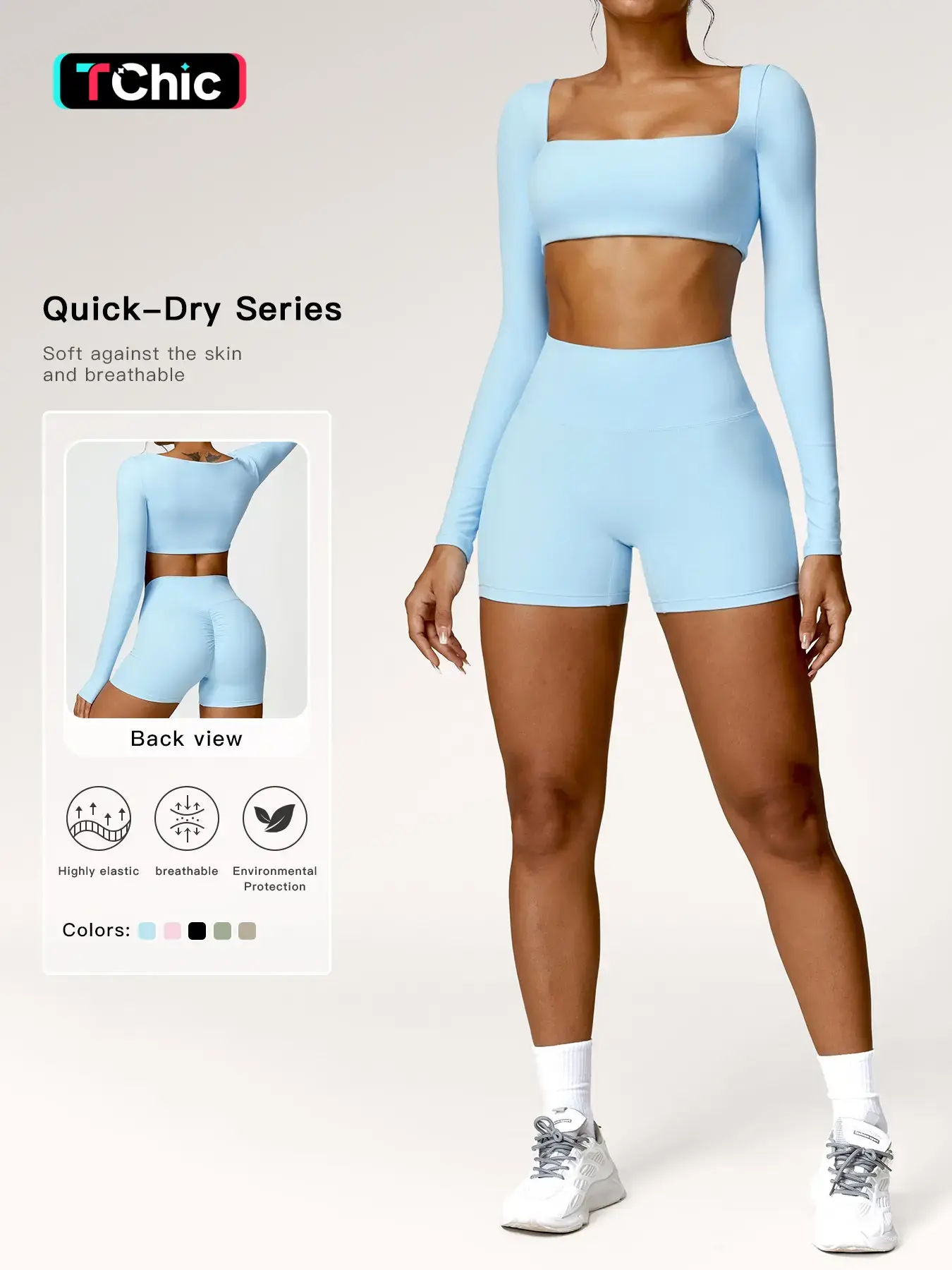 Women's Solid Long Sleeve Crop Tee & High Waist Shorts Tracksuit Set, Sporty Square Neck Top & Short Leggings for Yoga, Ladies Activewear, Athleisure Activewear