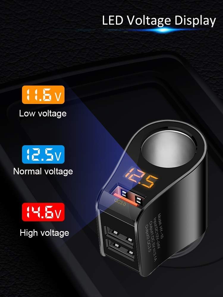 Cigarette Lighter Socket Adapter, Car Charger QC3.0, 12V/24V Outlet Plug Splitter with Multi USB Ports, Voltmeter Compatible for iPhone, Galaxy, GPS