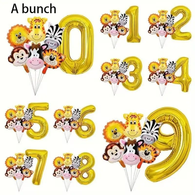 9-Piece Animal Theme Birthday Balloon Set, Numbers, Lion, Giraffe, Zebra, Monkey, Cow, Tiger Balloons, Suitable for birthday parties celebrating a child’s first birthday, zoo/forest-themed birthday parties,Zoo-themed decorative props