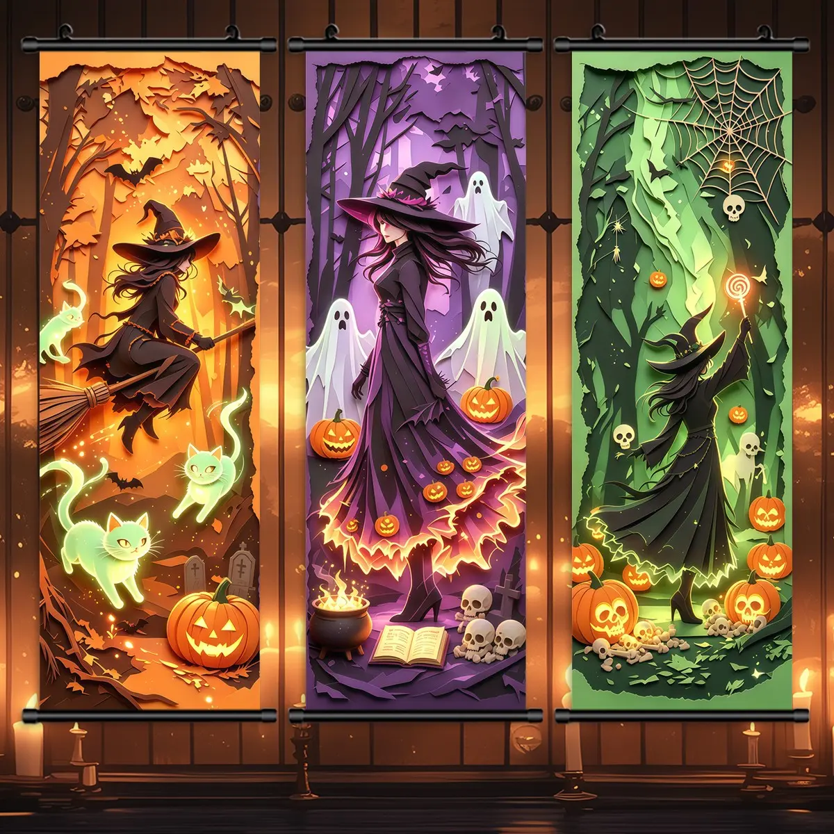 3-count Halloween wall hangings, Forest ghost Pumpkin Head Witch posters, terrifying Halloween decorations, retro Halloween posters, Scary courtyard party posters, family bedroom and living room posters, tasteless, high-definition art, holiday gifts