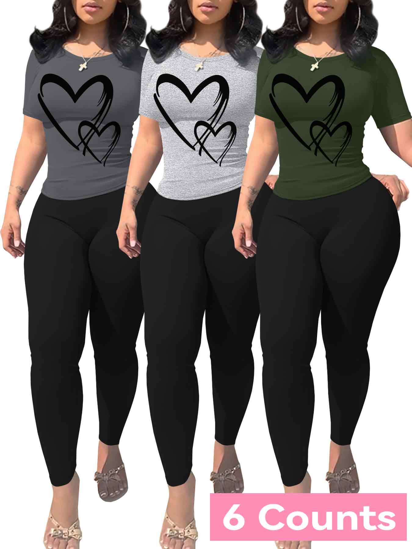 Women's Heart Print Crop Tee & Skinny Pants Set, Casual Short Sleeve T-shirt & Leggings, Ladies Summer Everyday Clothes for Daily Wear, Fit, Womenswear, Polish