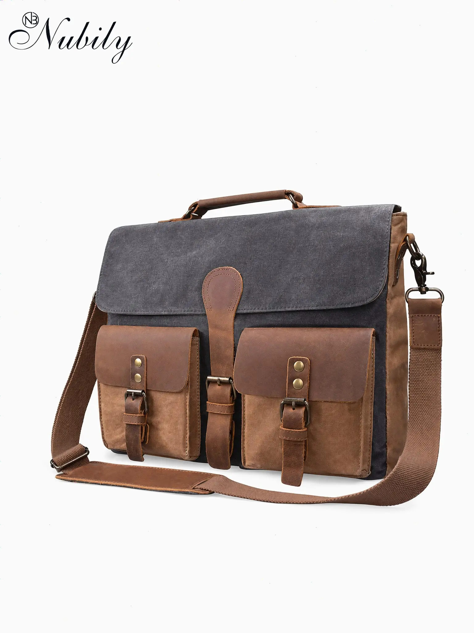 Vintage Waxed Canvas Messenger Bag for Men, Water Resistant Leather Trim, 15.7 Inch Laptop Briefcase, Shockproof Casual Satchel Shoulder Bag