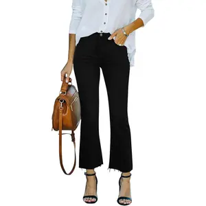 Jeans for Women Cropped Stretchy Mid Rise Bell Bottom Jeans Womens Crop Flare Jeans with Raw Hem