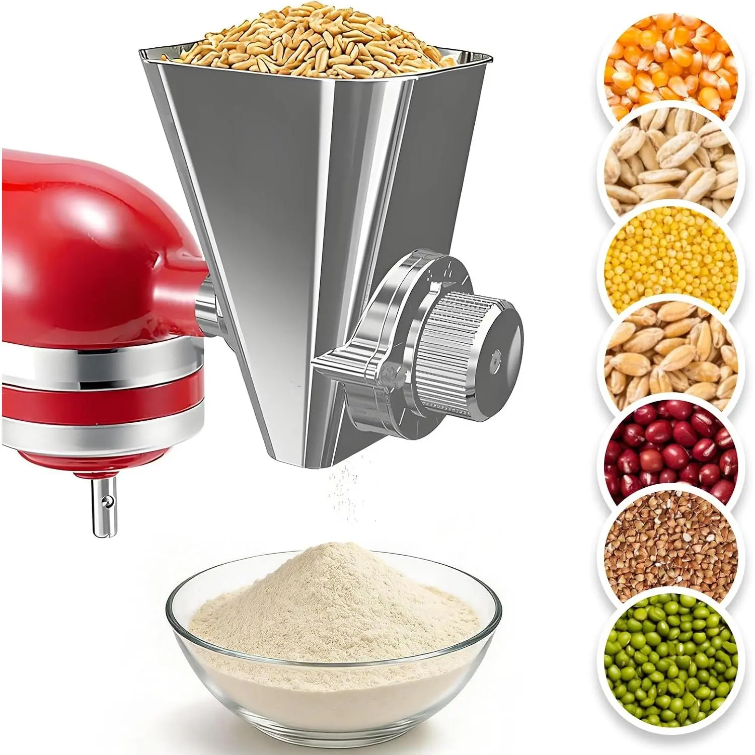 Grain Mill Attachment for , Flour Mill, Wheat Mill |  Metal Material, 9 Adjustable Grinding Levels,  for Low-/Oil Grains, Wheat, Corn, Oats, Millet