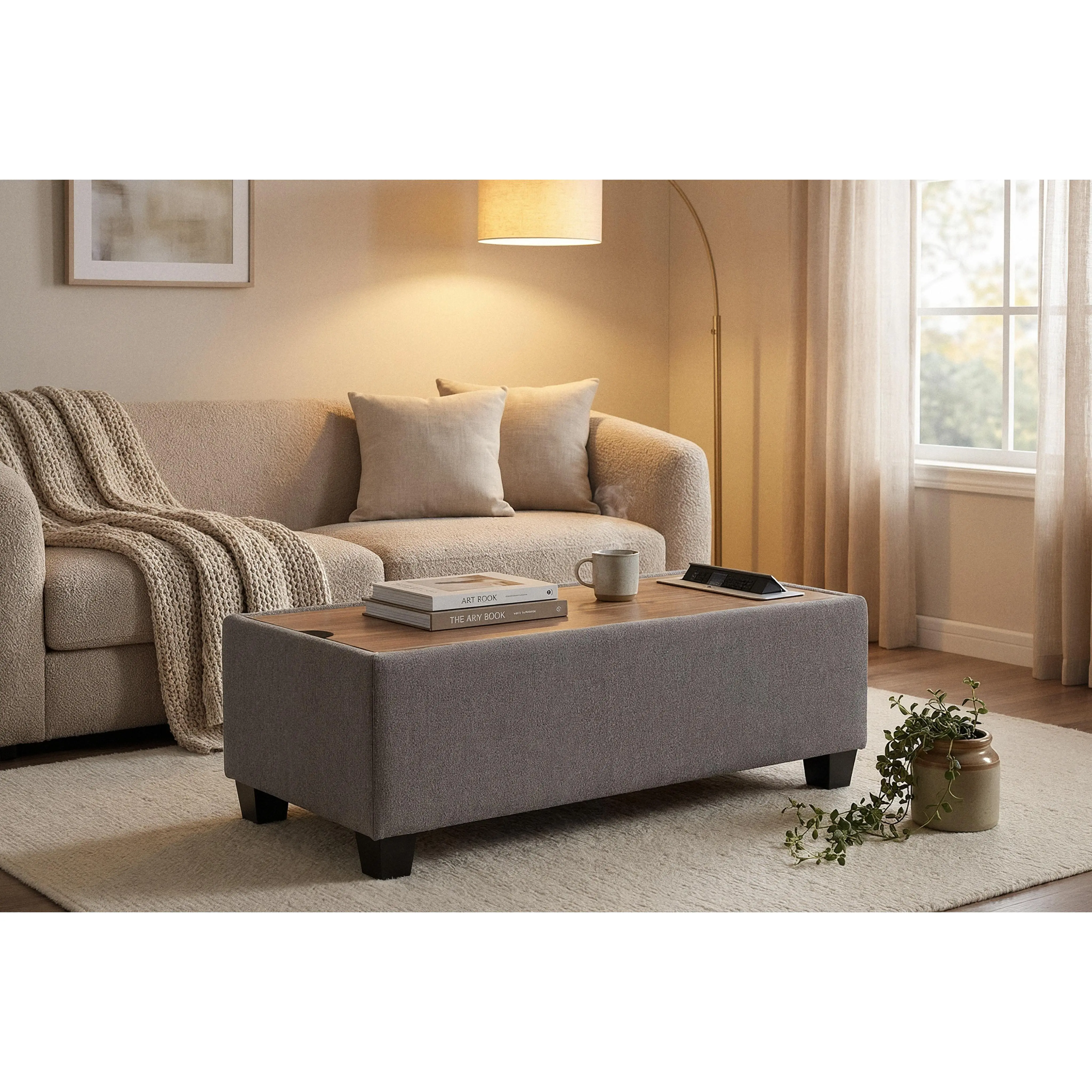Nokaa Upholstered Storage Ottoman Console Table with Wooden Top, 2 USB Ports & 2 AC Outlets, Light Gray Fabric, Modern Entryway Sofa Table, Lift-Top Hidden Storage Bench for Living Room Bedroom Hallway, Tool-Free Assembly, 42x16x14 Inch