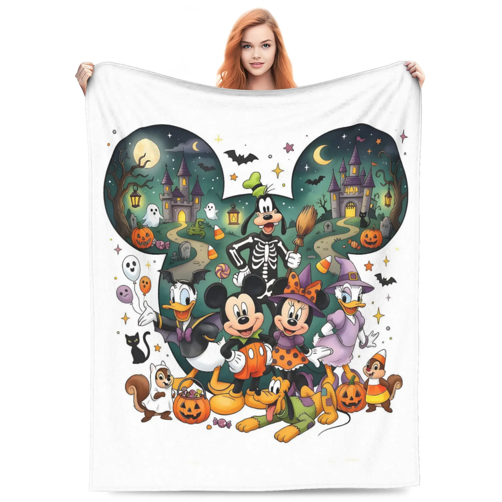 DISNEY CLASSIC Mickey Ear Frame Halloween Crew Throw Blanket, Mickey Minnie Pluto Goofy Donald Daisy Spooky Costumes Castle Ghost Bat Candy White Base Flannel Fleece Blanket, lovely cozy decor for Disney Halloween fans and themed gatherings.